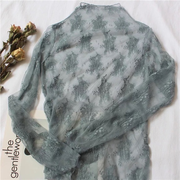 Lace blouse top shirt mesh transparent sexy women’s long sleeve - Picture 9 of 10